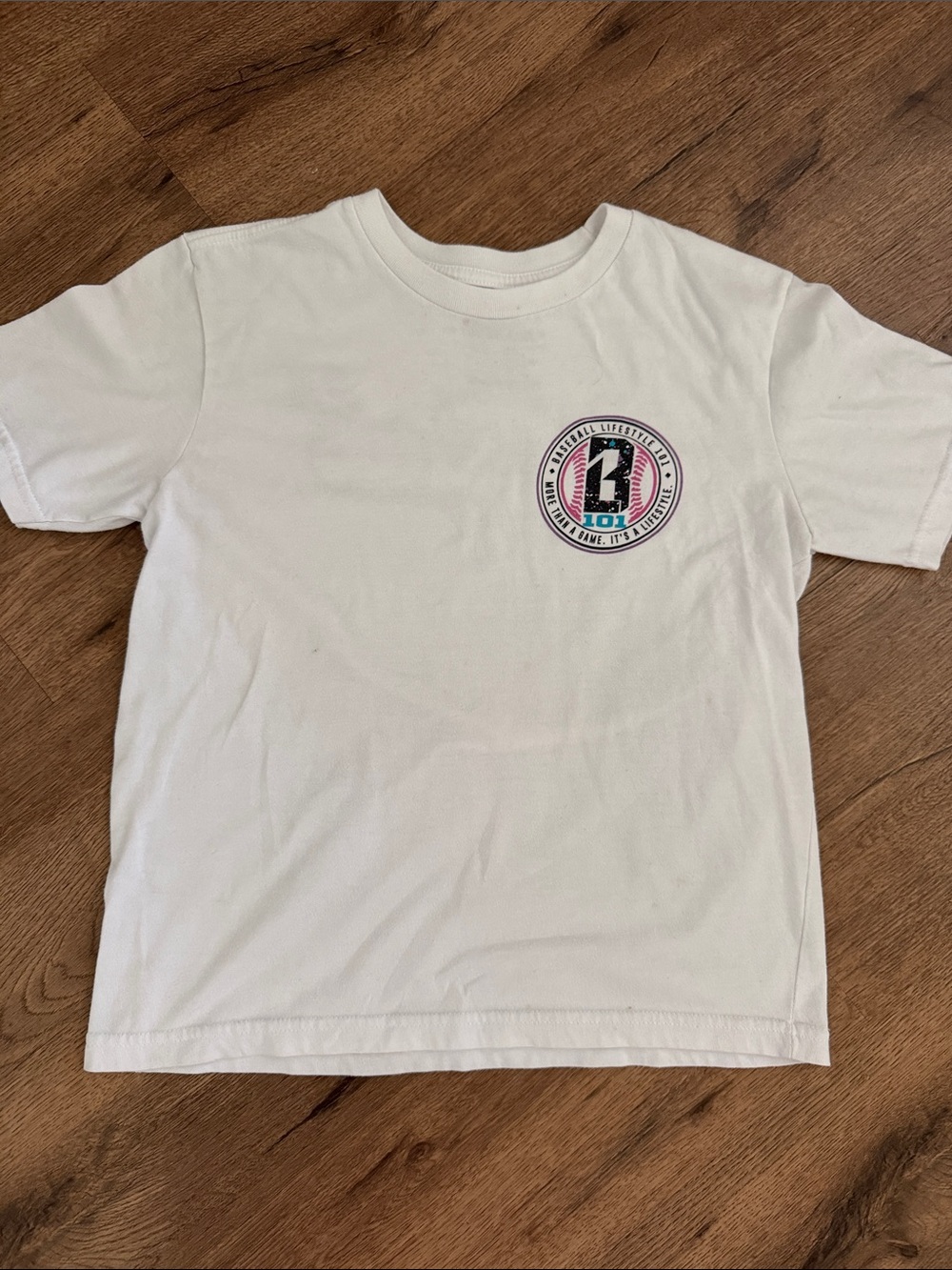 Youth White Short-Sleeve Tee with Pink & Blue Chest Badge